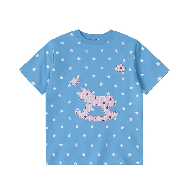 All-Over Star Print & Rocking Horse Appliqué T-Shirt — Blue
