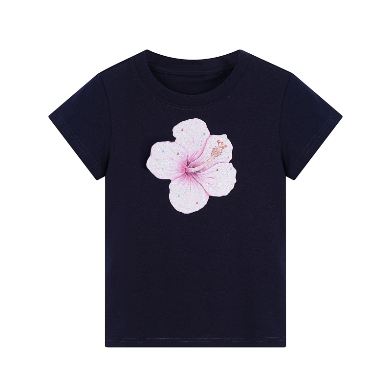 Retro Floral Print T-Shirt (Regular Shoulder) — Navy Blue